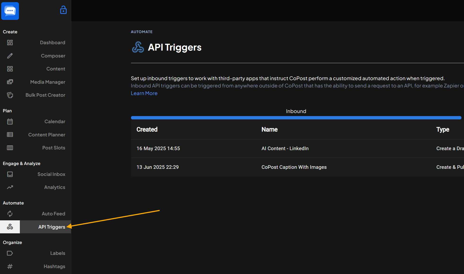Go to the API Triggers area Go to the API Triggers area