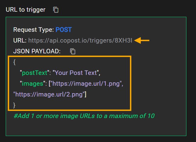 Copy the URL and payload information provided Copy the URL and payload information provided