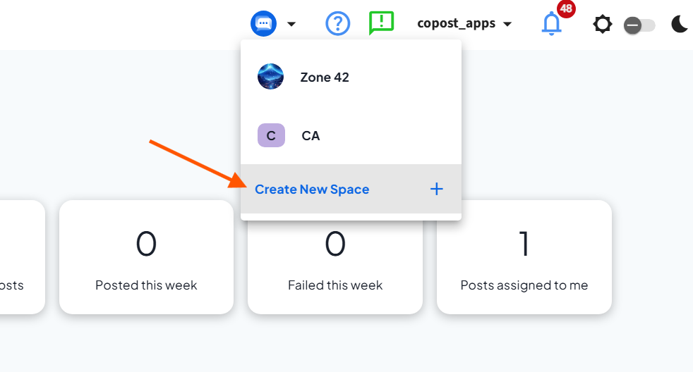 Click dropdown and Create New Space Click dropdown and Create New Space