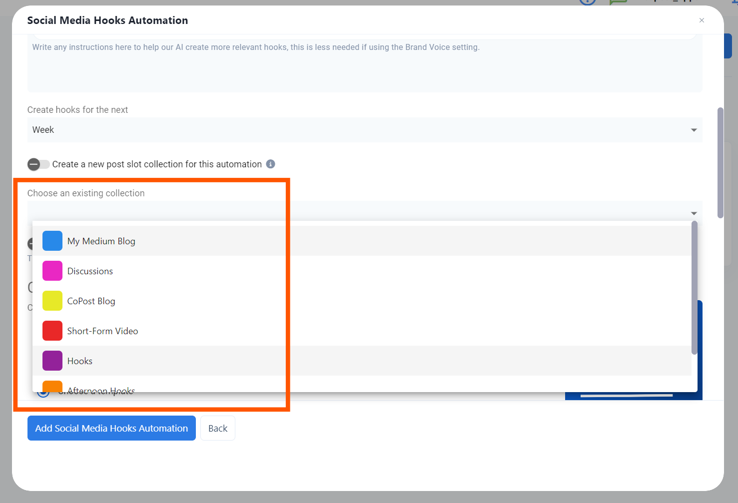 Selecting an existing Post Slot Collection