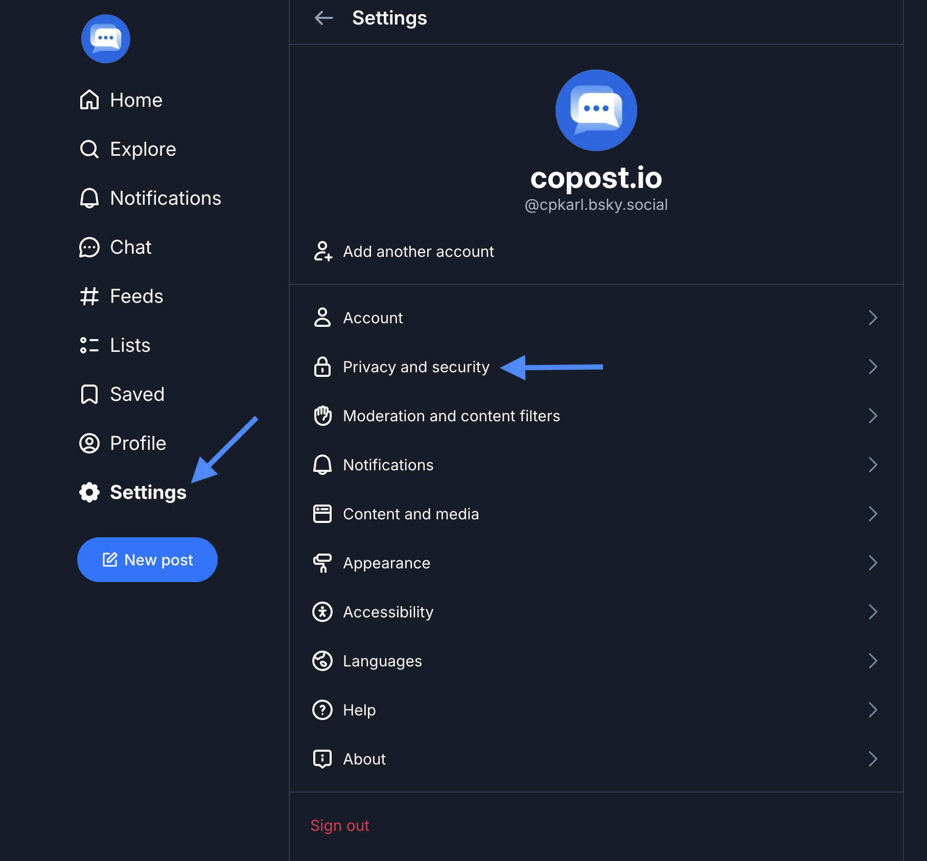 Bluesky Settings Menu