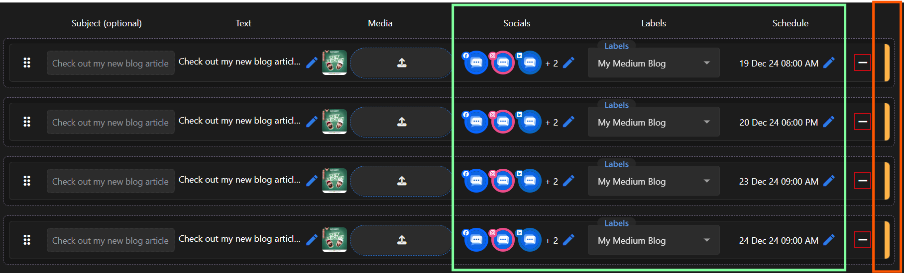 Applied socials and Queue slot - Highlighted in Green | Status indicator orange - Highlighted in Orange